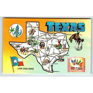 Postcard Greetings From Texas Map Chrome Lone Star Stare Six Flags Unposted